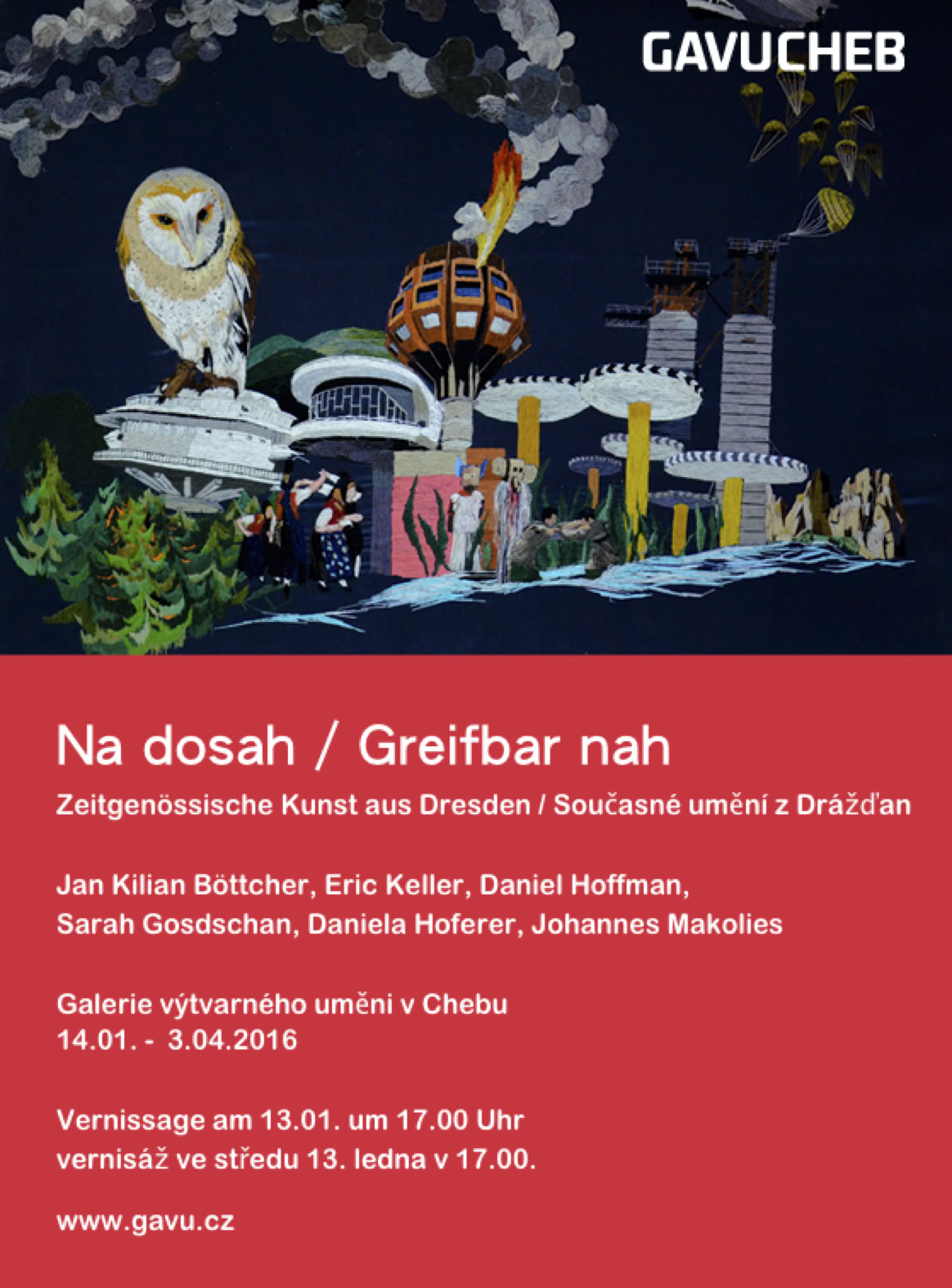 Exhibition "Greifbar nah" featuring Jan Kyo (formerly Jan Kilian B&ouml;ttcher) at Galerie GAVU Cheb. A showcase of contemporary positions from Dresden, highlighting Jan Kyo&rsquo;s interdisciplinary practice.