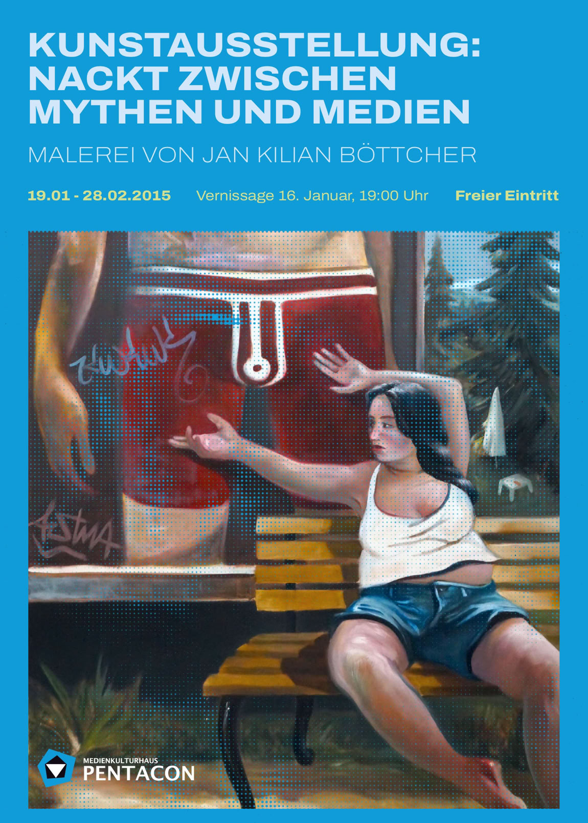 The solo exhibition "Nackt zwischen Mythen und Medien" by Jan Kyo (formerly Jan Kilian B&ouml;ttcher) is presented at Medienkulturhaus Pentacon.