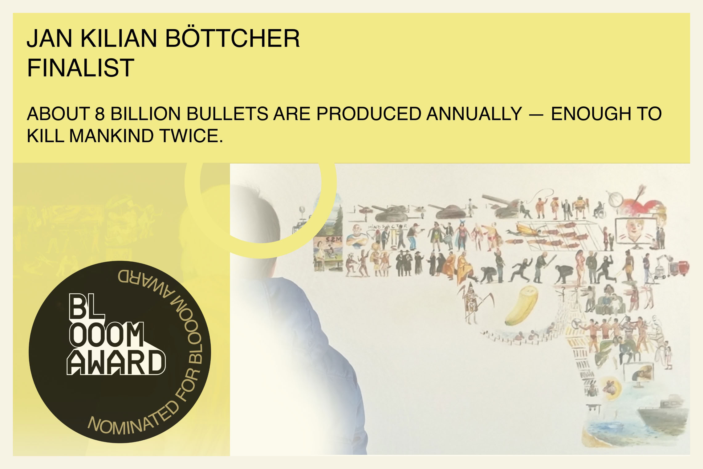 Interdiscipinary artist Jan Kyo is recognized as a finalist for the Berlin BLOOOM Award, presenting work that engages with global socio-political themes. (Kyo fr&uuml;her als K&uuml;nstler f&uuml;r Malerei und Zeichnung bekannt als Jan Kilian B&ouml;ttcher)