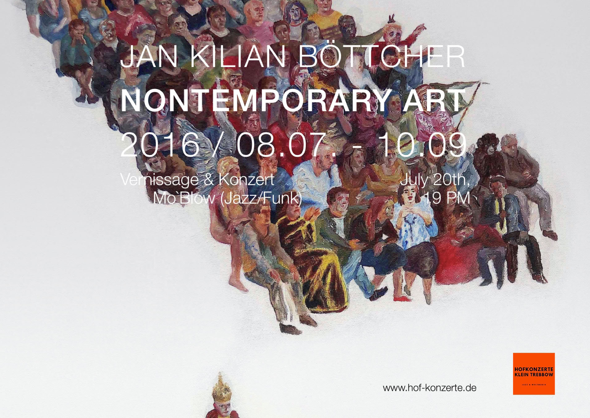 Jan Kyo (formerly Jan Kilian B&ouml;ttcher) presenting "Nontemporary Art" at Hofkonzerte Klein Trebbow. An exhibition and performance series exploring social dynamics and image cultures.